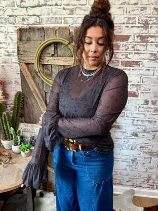 Black Tooled Leather Mesh Bell Sleeve Top