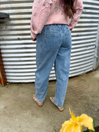 Back of Mid Rise Drawstring Barrel Jeans for Women | Relaxed Fit Lightweight Denim Pants