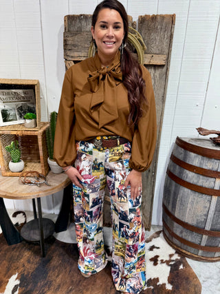 Chocolate Brown Bow Tie Blouse Balloon Sleeve Dressy Top