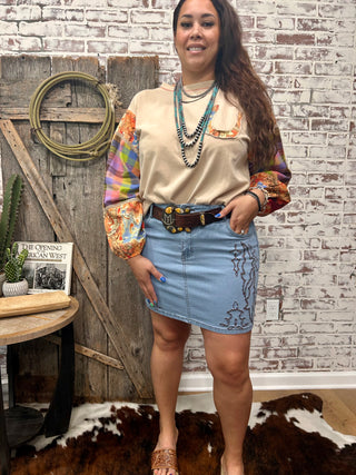 Short Denim Skirt With Boot Stitch Detail