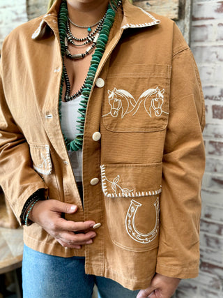 Saddle Tan Western Stitched Barn Jacket – Horseshoe & Horse Embroidery
