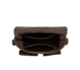 Top view Trinity Ranch Hair-On Hide Crossbody Bag with Concho Pockets- Coffee