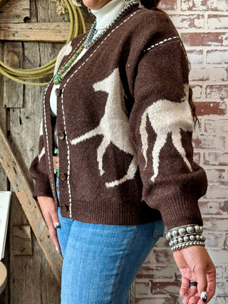 Brown Knit Horse Cardigan with V-Neck & Button Front – Western Style Sweater