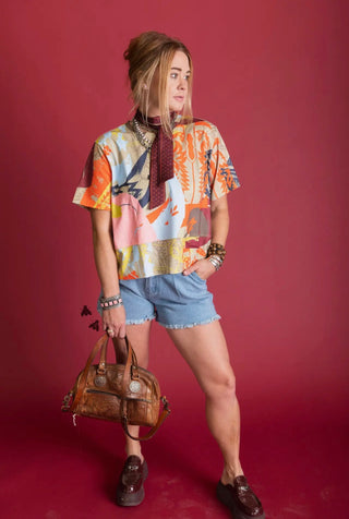 2 Fly Neon Roundup Western Waffle Knit Graphic Boxy Top
