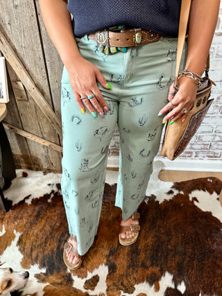Green Cowgirl Sketch Western Print Jeans