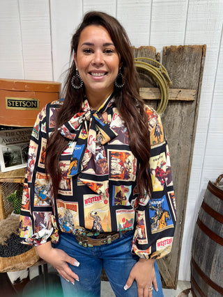 Retro Western Rodeo Collage Tie-Neck Blouse – Vintage Cowboy Print Long Sleeve Top