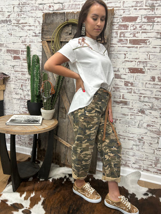 The Lone Cowgirl Embroidered Yoke High Low T Shirt-White