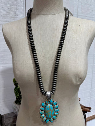 34” Navajo Pearl Style Saucer Bead Necklace with Turquoise Concho Pendant – 14mm Western Statement Necklace