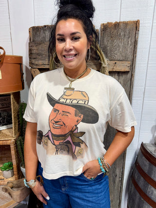 Designer Cowboy Boxy Graphic Cropped Tee | Western Vintage Inspired Statement Shirt