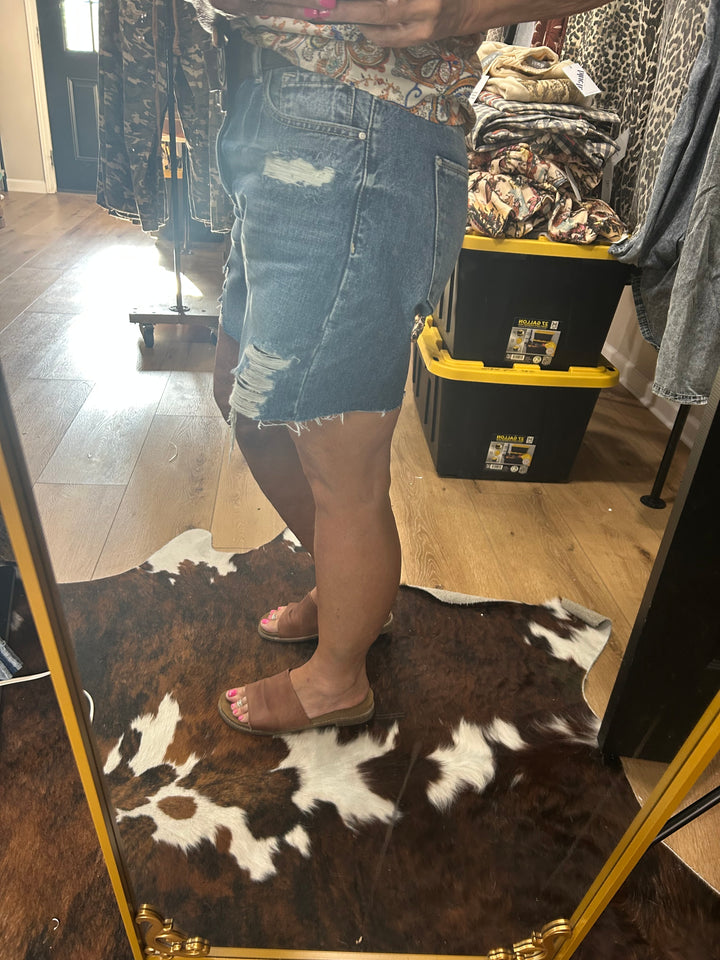 High Rise Relaxed Distressed Bermuda Shorts