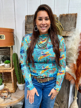Wild West Cowgirl Mesh Top – Retro Western Print Long Sleeve