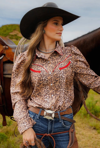 Howdy Hanny Leopard Western Snap Show- Stock Show Shirt | Red Piping Cowgirl Pearl Snap Button-Up