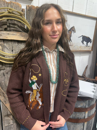 Bronc Rider Rodeo Embroidered Cardigan- Brown