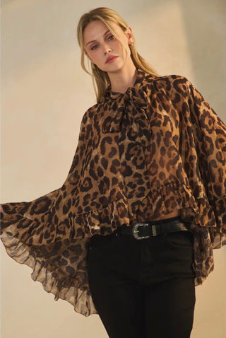 Leopard Print Chiffon Bow Tie Blouse | Flowy High Low Ruffle Hem Statement Top