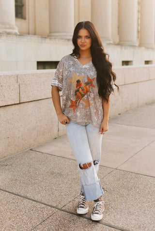 Western Rodeo Varsity Jersey Top – Camo Mesh Bucking Horse Graphic Cowgirl Tee