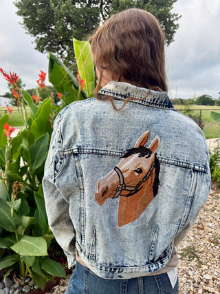 Back detail Vintage Wash Horse Embroidered Cropped Denim Jacket | Western Cowgirl Jean Jacket
