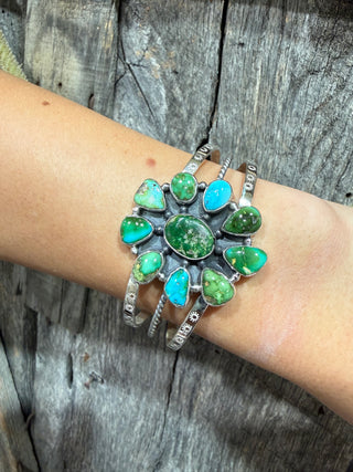 Large Sterling Silver Turquoise Cluster Cuff Bracelet | Golden Hills, Sonoran Gold & Kingman Turquoise