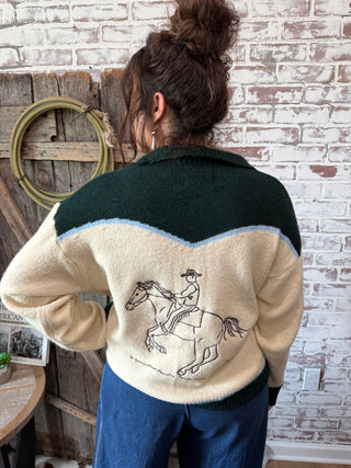 Cowgirl Rodeo Horse Graphic Western Zip Up Cardigan-Evergreen