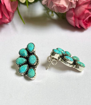 Sterling Silver Turquoise Half Cluster Stud Earrings | Southwest Crafted Western Navajo Style
