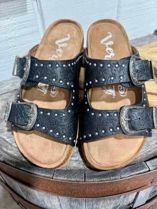 Very G Heidi Black Tooled Buckle Sandals for Women | Western Cork Sole Slip-On Sandals