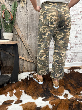 Washed Distressed & Paint Splashed Camo Barrel Jeans
