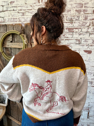 Cowgirl Rodeo Horse Graphic Western Zip Up Cardigan-Brown