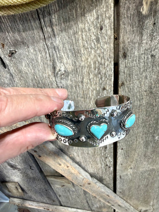 Turquoise Heart & Oval Sterling Silver Cuff Bracelet- Southwestern