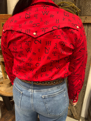 Red Cattle Brand Print Riding & Stock Show Red Western Performance Shirt