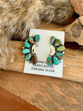 Native American Kingman Turquoise Sterling Silver Cluster Hoop Earrings