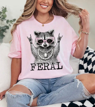 Pink Feral Raccoon Graphic T-Shirt – Funny Cute Animal Tee with Sunglasses & Pearl Necklace