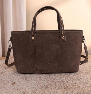 Back of Trinity Ranch Tooled Leather & Hair-On Hide Western Tote Bag