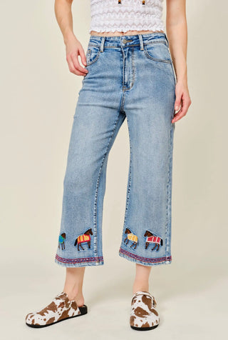 Embroidered Horse Cropped Wide Leg Jeans | Western Denim Capris for Women