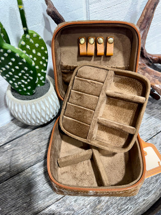 Small Western Cowhide Travel Jewelry Case | Cowhide Zip Jewelry Organizer for Rings, Earrings & Accessories- Black or Brown 