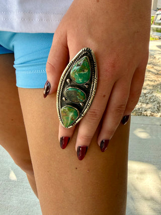 Triple Turquoise Statement Ring | Adjustable German Silver Southwestern Ring