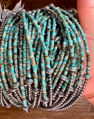 Blue-Green Turquoise Heishi Choker Necklace – Sterling Silver Navajo Style Pearls, 14” Western Layering Necklace