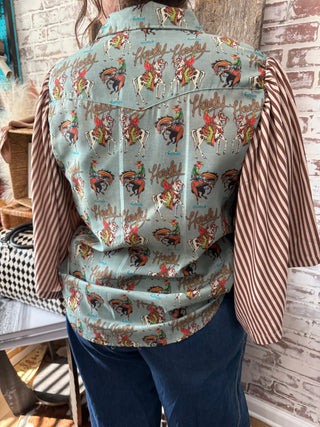 Retro Rodeo Cowboy Print Western Blouse with Striped Sleeves – Cowgirl Style Top