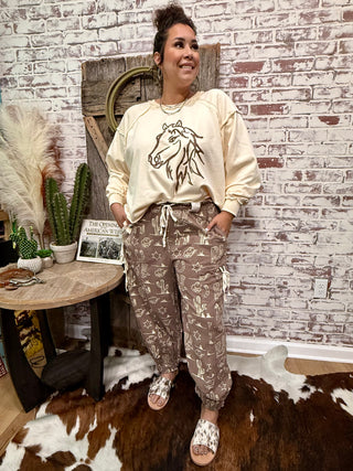 Cowgirl Western Print Cargo Jogger Pants – Horses, Boots & Cactus