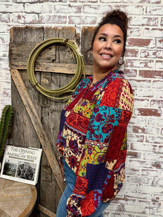 Boho Patchwork Blouse & Relaxed Denim: Eclectic Style for Free Spirits