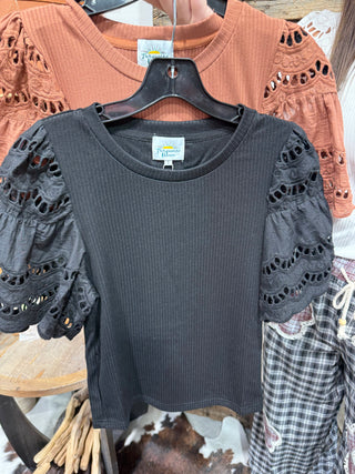 Turquoise Haven Eyelet Lace Puff Sleeve Top-3 Colors