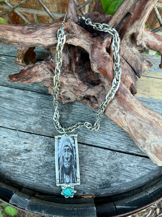 Native American Chief Portrait Necklace with Turquoise Accent – Vintage Western Statement Pendant