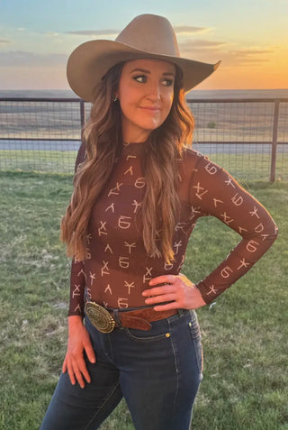 Chocolate Cattle Brand Mesh Top for Women | Western Sheer Long Sleeve Cowgirl Layering Top