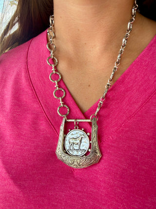 Western Buckle Horse Coin Necklace | Vintage Silver Statement Necklace