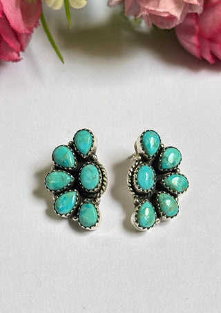 Sterling Silver Turquoise Half Cluster Stud Earrings | Southwest Crafted Western Navajo Style