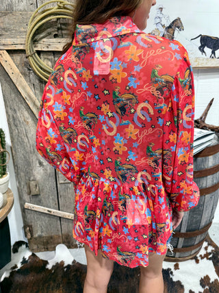 Red Yeehaw Mesh Peplum Western Top | Retro Cowgirl Button Front Blouse-Turquoise Haven