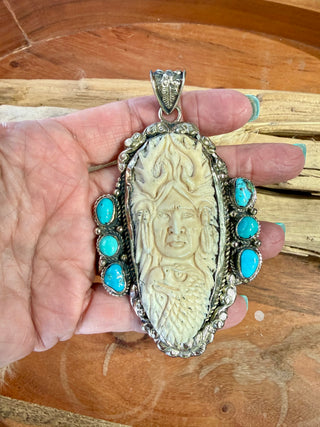 Carved Bone Native Warrior & Turquoise Statement Pendant