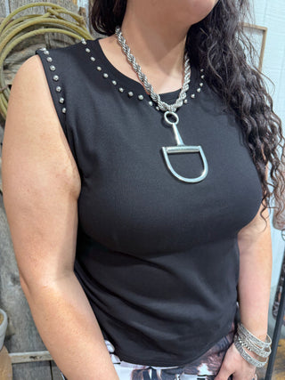 Black Studded Shoulder Tank Top for Women – Western Rhinestone Trim Sleeveless Boutique Top