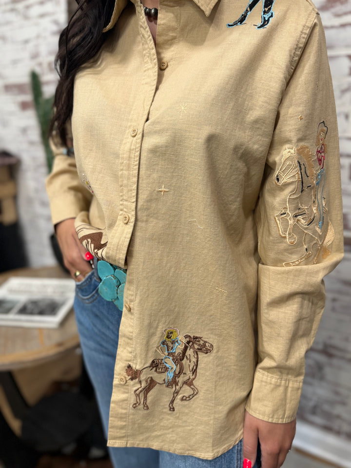 Yippee Ki Yay Embroidered Linen Western Top-Camel