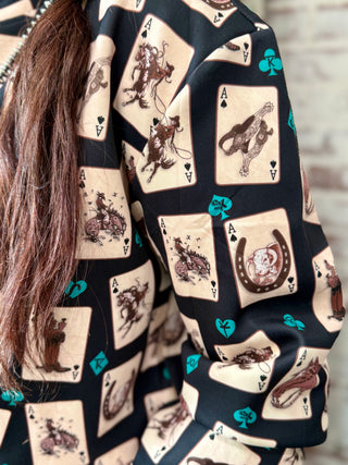 Luck of the Brand Mock Neck Top – Western Playing Card Print Long Sleeve