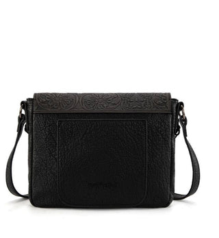 Back of Trinity Ranch Black Hair-On Hide Crossbody Bag with Concho Pockets