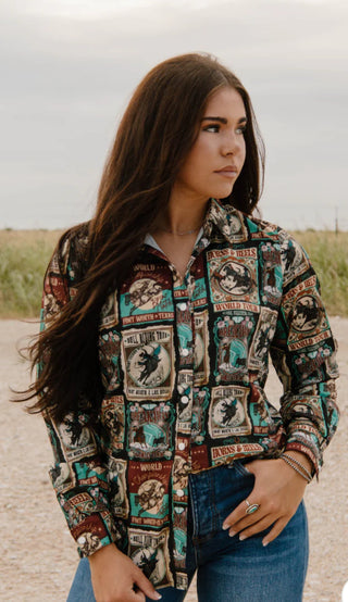 Vintage Rodeo World Tour Button Up – Retro Western Graphic Shirt